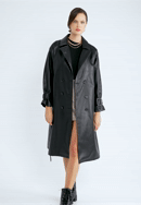 Damski płaszcz z ekoskóry dwurzędowy z paskiem, czarny, 97-9P-100-5-2XL, Zdjęcie 0
