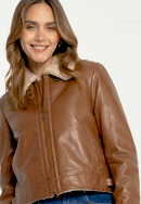 Damska kurtka pilotka skórzana podszyta sztucznym futerkiem krótka, brązowy, 97-09-802-4-S, Zdjęcie 0