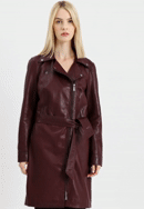 Damski płaszcz ze skóry z paskiem, bordowy, 100-09-408-3-L, Zdjęcie 0