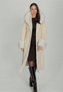 Płaszcz damski z kołnierzem i mankietami ze sztucznego futra, kremowy, 101-9W-002-0-M, Zdjęcie 0