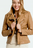 Jachetă biker din piele artificială pentru femei cu inserție matlasată, maro, 97-9P-102-P-M, Fotografie 0