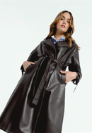 Damski płaszcz z ekoskóry dwurzędowy z paskiem, ciemny brąz, 97-9P-100-5-S, Zdjęcie 0