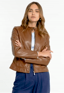 Damska kurtka skórzana klasyczna ze stójką, brązowy, 97-09-804-4-XL, Zdjęcie 0