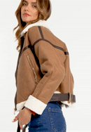 Damenjacke mit Kunstpelz und Gürtel -Oversize, braun, 97-9P-106-5-XL, Bild 0