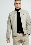 Męska kurtka skórzana z pikowaniem na ramionach, szarobeżowy, 97-09-252-8-XL, Zdjęcie 0