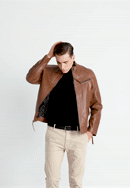 Jachetă din piele pentru bărbați cu cusături verticale și guler înalt, maro închis, 97-09-253-1-M, Fotografie 0