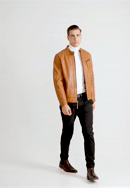 Jachetă din piele pentru bărbați cu cusături verticale și guler înalt, maro, 97-09-253-5-S, Fotografie 0
