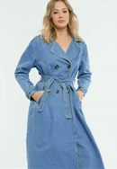 Damski płaszcz dżinsowy z paskiem, niebieski, 98-9X-901-7-M, Zdjęcie 0