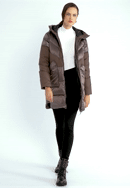Damski płaszcz puchowy z łączonych materiałów z kapturem, beżowy, 97-9D-405-1-S, Zdjęcie 0