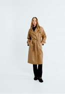 Damski płaszcz z ekoskóry dwurzędowy z paskiem, brązowy, 97-9P-100-Z-L, Zdjęcie 0