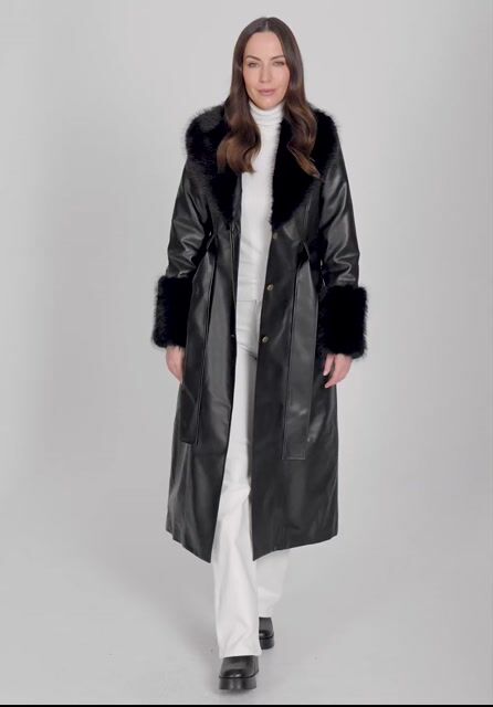 Damski płaszcz z imitacji skóry ze sztucznym futerkiem czarny